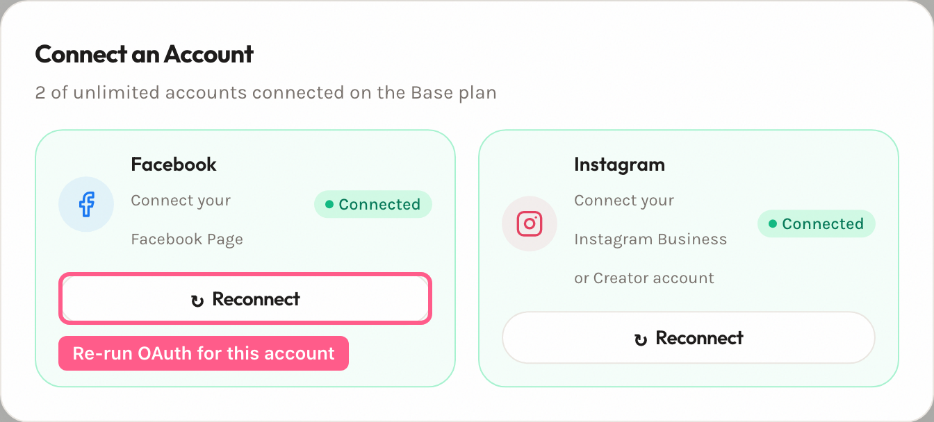The 'Connect an Account' modal on the Accounts page with a Reconnect button next to Facebook