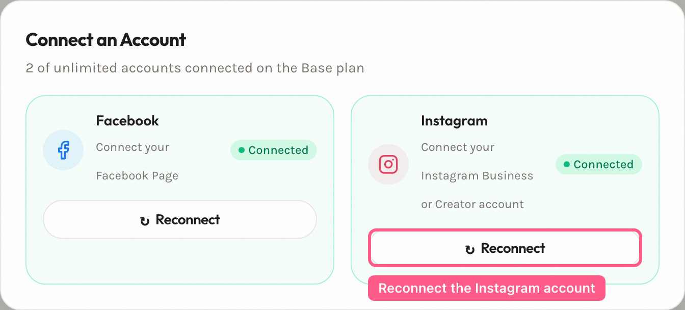 The 'Connect an Account' modal on the Accounts page with a Reconnect button for Instagram