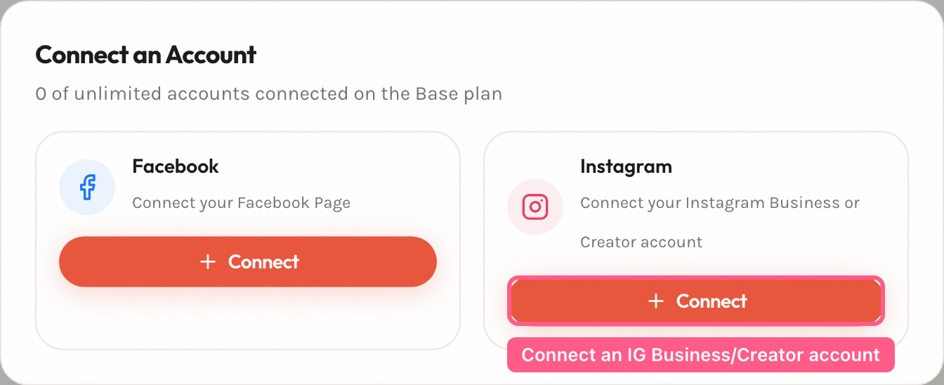 The Connect an Account dialog on the Accounts page, showing the Instagram Connect button