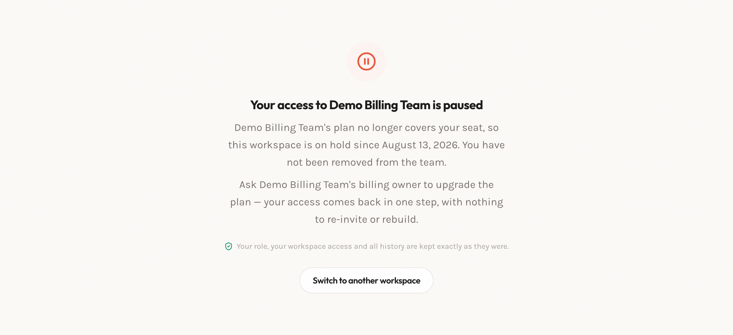 The membership-paused screen a paused team member sees in place of the team workspace
