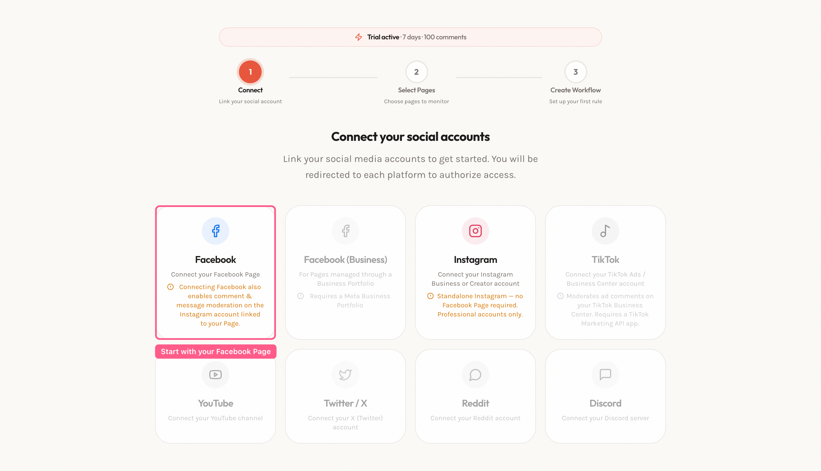 Onboarding step 1 with Facebook and Instagram connect cards
