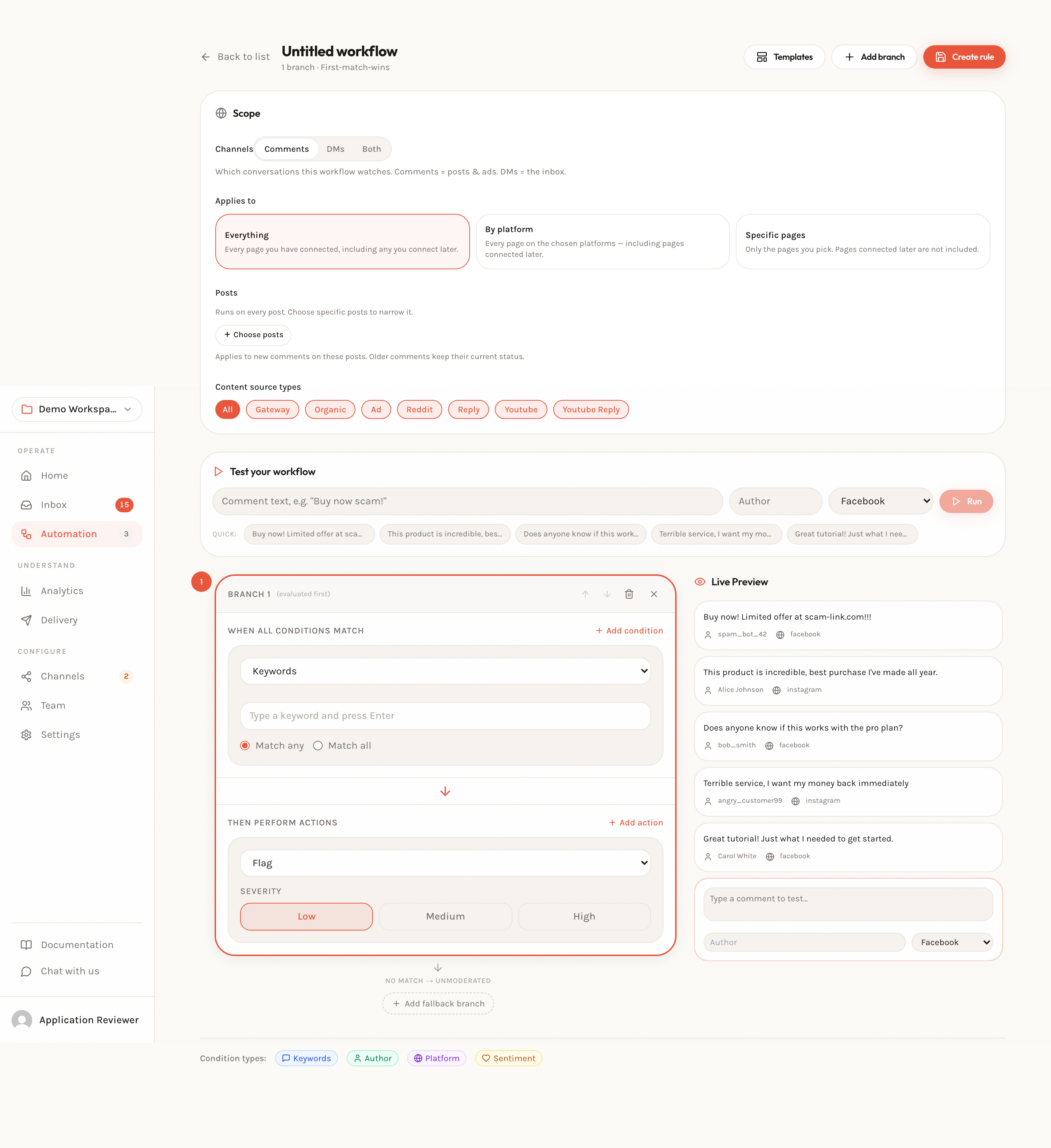 The Workflow editor with one branch, a condition, and an action