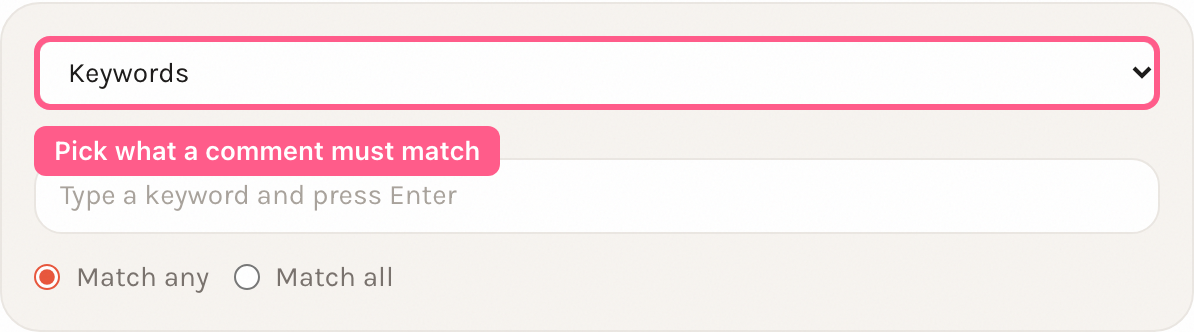The Condition type dropdown showing Keywords selected